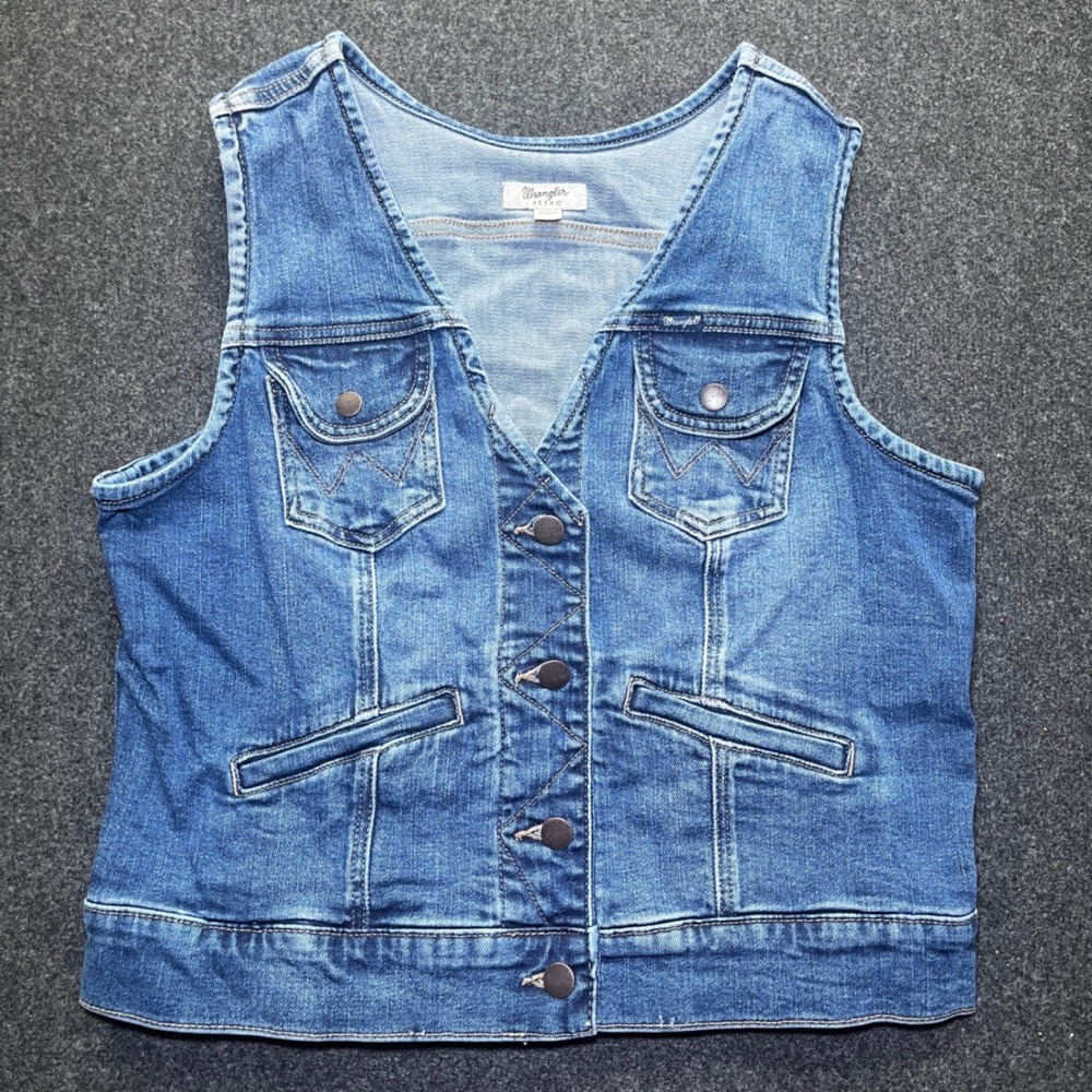 Wrangler Retro Denim Vest Women Large Blue Excellent Western Button Front V-Neck